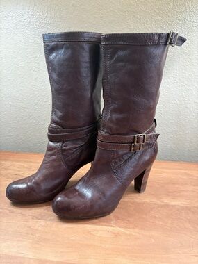 Frye Miranda Slouch Brown Leather Mid-Calf Heeled Boots, Womens size 9